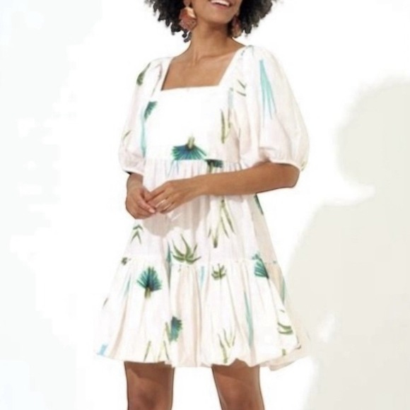 Oliphant Bubble Skirt Smocked Mini Dress In Frond Green Palm Sz XXS - Picture 2 of 7